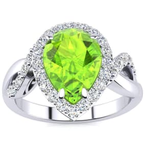 2 1/2ct Pear Shape Peridot and Diamond Ring in 14K White Gold