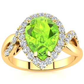 Retrograde Birthstones™ 2 1/2ct Pear Shape Peridot and Diamond Ring in 14K Yellow Gold