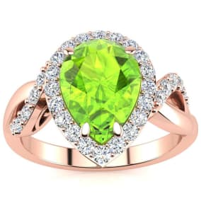 2 1/2ct Pear Shape Peridot and Diamond Ring in 14K Rose Gold