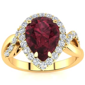 Garnet Ring: Garnet Jewelry: 2 1/2ct Pear Shape Garnet and Diamond Ring in 14K Yellow Gold