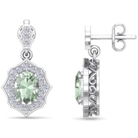 Retrograde Birthstones™ 1 2/3 Carat Oval Shape Green Amethyst and Diamond Dangle Earrings In 14 Karat White Gold