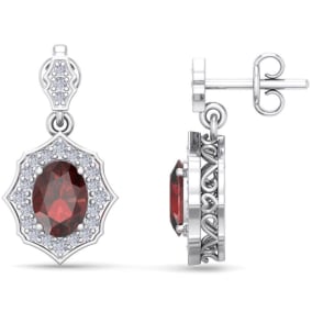 Retrograde Birthstones™ 2 1/4 Carat Oval Shape Garnet and Diamond Dangle Earrings In 14 Karat White Gold