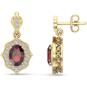 Garnet Earrings: Garnet Jewelry: 2 1/4 Carat Oval Shape Garnet and Diamond Dangle Earrings In 14 Karat Yellow Gold