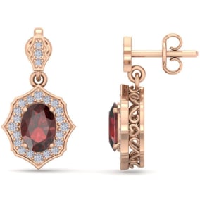 Garnet Earrings: Garnet Jewelry: 2 1/4 Carat Oval Shape Garnet and Diamond Dangle Earrings In 14 Karat Rose Gold