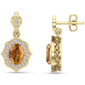 Retrograde Birthstones™ 1 3/4 Carat Oval Shape Citrine and Diamond Dangle Earrings In 14 Karat Yellow Gold