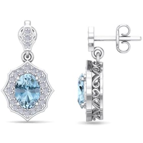 Retrograde Birthstones™ 1 3/4 Carat Oval Shape Aquamarine and Diamond Dangle Earrings In 14 Karat White Gold