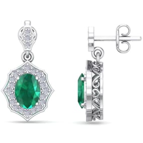 Retrograde Birthstones™ 1 3/4 Carat Oval Shape Emerald and Diamond Dangle Earrings In 14 Karat White Gold
