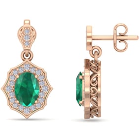 1 3/4 Carat Oval Shape Emerald and Diamond Dangle Earrings In 14 Karat Rose Gold
