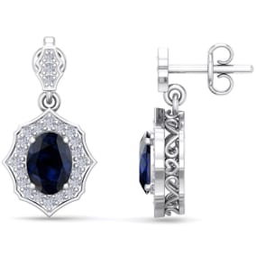 2 1/4 Carat Oval Shape Sapphire and Diamond Dangle Earrings In 14 Karat White Gold