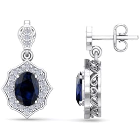 Retrograde Birthstones™ 2 1/4 Carat Oval Shape Sapphire and Diamond Dangle Earrings In 14 Karat White Gold