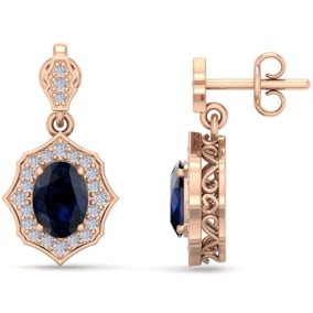 2 1/4 Carat Oval Shape Sapphire and Diamond Dangle Earrings In 14 Karat Rose Gold