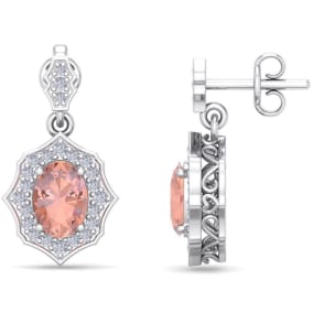 Retrograde Birthstones™ 1-3/4 Carat Oval Shape Morganite Earrings and Diamond Halo Dangles In 14 Karat White Gold