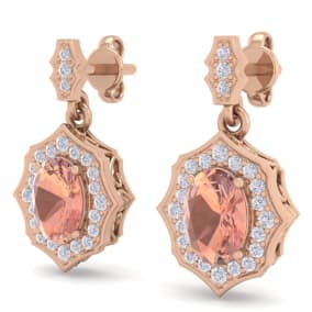 1-3/4 Carat Oval Shape Morganite Earrings and Diamond Halo Dangles In 14 Karat Rose Gold