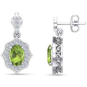 Retrograde Birthstones™ 2 Carat Oval Shape Peridot and Diamond Dangle Earrings In 14 Karat White Gold