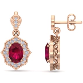 2 1/5 Carat Oval Shape Ruby and Diamond Dangle Earrings In 14 Karat Rose Gold