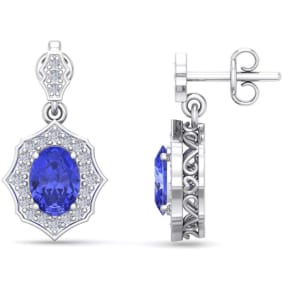 Retrograde Birthstones™ 2 1/5 Carat Oval Shape Tanzanite and Diamond Dangle Earrings In 14 Karat White Gold