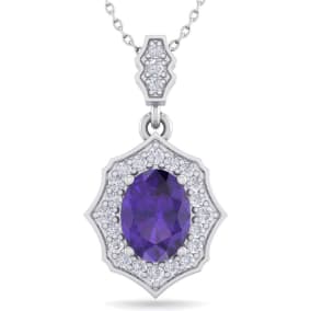 Retrograde Birthstones™ 1 1/3 Carat Oval Shape Amethyst and Diamond Necklace In 14 Karat White Gold, 18 Inches