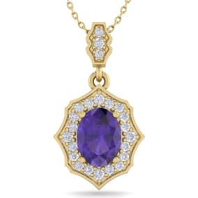 1 1/3 Carat Oval Shape Amethyst and Diamond Necklace In 14 Karat Yellow Gold, 18 Inches