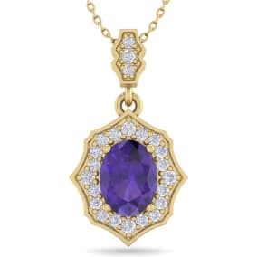 Retrograde Birthstones™ 1 1/3 Carat Oval Shape Amethyst and Diamond Necklace In 14 Karat Yellow Gold, 18 Inches