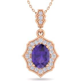 1 1/3 Carat Oval Shape Amethyst and Diamond Necklace In 14 Karat Rose Gold, 18 Inches