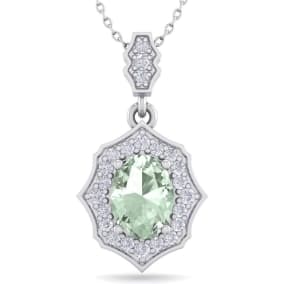 Retrograde Birthstones™ 1 1/3 Carat Oval Shape Green Amethyst and Diamond Necklace In 14 Karat White Gold, 18 Inches