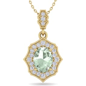 Retrograde Birthstones™ 1 1/3 Carat Oval Shape Green Amethyst and Diamond Necklace In 14 Karat Yellow Gold, 18 Inches
