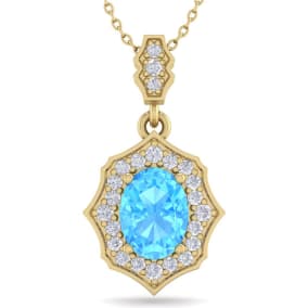 Retrograde Birthstones™ 1 3/4 Carat Oval Shape Blue Topaz and Diamond Necklace In 14 Karat Yellow Gold, 18 Inches