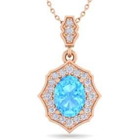 1 3/4 Carat Oval Shape Blue Topaz and Diamond Necklace In 14 Karat Rose Gold, 18 Inches