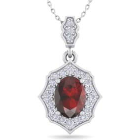 Garnet Necklace: Garnet Jewelry: 1 3/4 Carat Oval Shape Garnet and Diamond Necklace In 14 Karat White Gold, 18 Inches