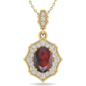 Garnet Necklace: Garnet Jewelry: 1 3/4 Carat Oval Shape Garnet and Diamond Necklace In 14 Karat Yellow Gold, 18 Inches