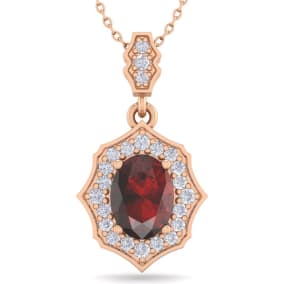 Garnet Necklace: Garnet Jewelry: 1 3/4 Carat Oval Shape Garnet and Diamond Necklace In 14 Karat Rose Gold, 18 Inches