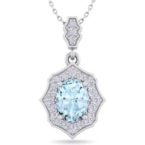 Aquamarine Necklace: Aquamarine Jewelry: 1 1/2 Carat Oval Shape Aquamarine and Diamond Necklace In 14 Karat White Gold, 18 Inches