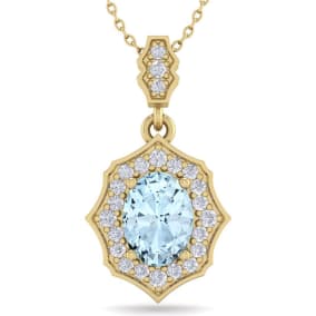 Retrograde Birthstones™ 1 1/2 Carat Oval Shape Aquamarine and Diamond Necklace In 14 Karat Yellow Gold, 18 Inches