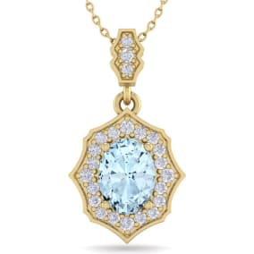 Aquamarine Necklace: Aquamarine Jewelry: 1 1/2 Carat Oval Shape Aquamarine and Diamond Necklace In 14 Karat Yellow Gold, 18 Inches