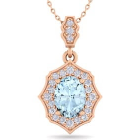 Aquamarine Necklace: Aquamarine Jewelry: 1 1/2 Carat Oval Shape Aquamarine and Diamond Necklace In 14 Karat Rose Gold, 18 Inches