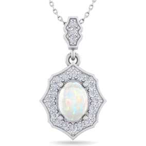 Retrograde Birthstones™ 1-1/4 Carat Oval Shape Opal and Diamond Necklace In 14 Karat White Gold, 18 Inches