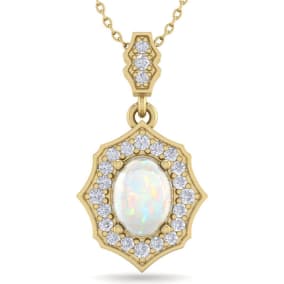 1-1/4 Carat Oval Shape Opal and Diamond Necklace In 14 Karat Yellow Gold, 18 Inches