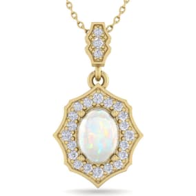 Retrograde Birthstones™ 1-1/4 Carat Oval Shape Opal and Diamond Necklace In 14 Karat Yellow Gold, 18 Inches