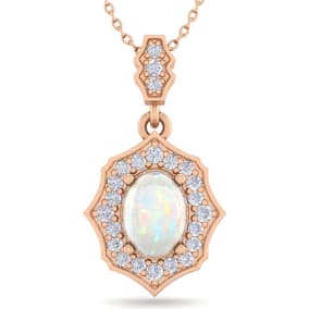 1-1/4 Carat Oval Shape Opal and Diamond Necklace In 14 Karat Rose Gold, 18 Inches