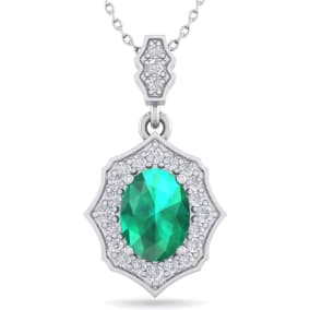 1-1/2 Carat Oval Shape Emerald Necklaces With Diamonds In 14 Karat White Gold, 18 Inch Chain