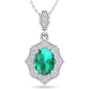 Retrograde Birthstones™ 1-1/2 Carat Oval Shape Emerald Necklaces With Diamonds In 14 Karat White Gold, 18 Inch Chain
