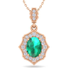 1-1/2 Carat Oval Shape Emerald Necklaces With Diamonds In 14 Karat Rose Gold, 18 Inch Chain