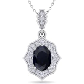 Retrograde Birthstones™ 1 3/4 Carat Oval Shape Sapphire and Diamond Necklace In 14 Karat White Gold, 18 Inches