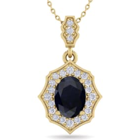 1 3/4 Carat Oval Shape Sapphire and Diamond Necklace In 14 Karat Yellow Gold, 18 Inches