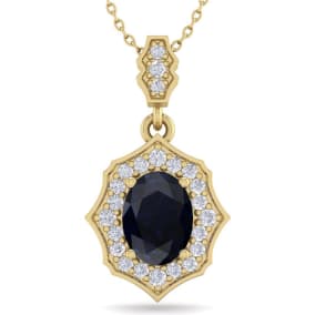 Retrograde Birthstones™ 1 3/4 Carat Oval Shape Sapphire and Diamond Necklace In 14 Karat Yellow Gold, 18 Inches