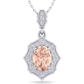 1-1/2 Carat Oval Shape Morganite Necklace With Fancy Diamond Halo In 14 Karat White Gold With18 Inch Chain