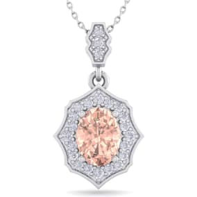 Retrograde Birthstones™ 1-1/2 Carat Oval Shape Morganite Necklace With Fancy Diamond Halo In 14 Karat White Gold With18 Inch Chain