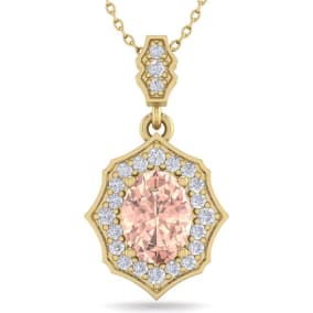 Retrograde Birthstones™ 1-1/2 Carat Oval Shape Morganite Necklace With Fancy Diamond Halo In 14 Karat Yellow Gold With18 Inch Chain