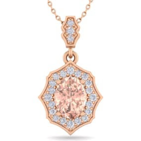 1-1/2 Carat Oval Shape Morganite Necklace With Fancy Diamond Halo In 14 Karat Rose Gold With18 Inch Chain