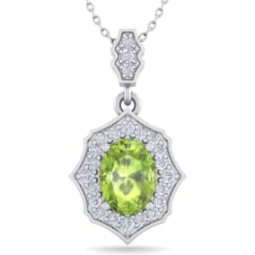 Retrograde Birthstones™ 1 1/2 Carat Oval Shape Peridot and Diamond Necklace In 14 Karat White Gold, 18 Inches
